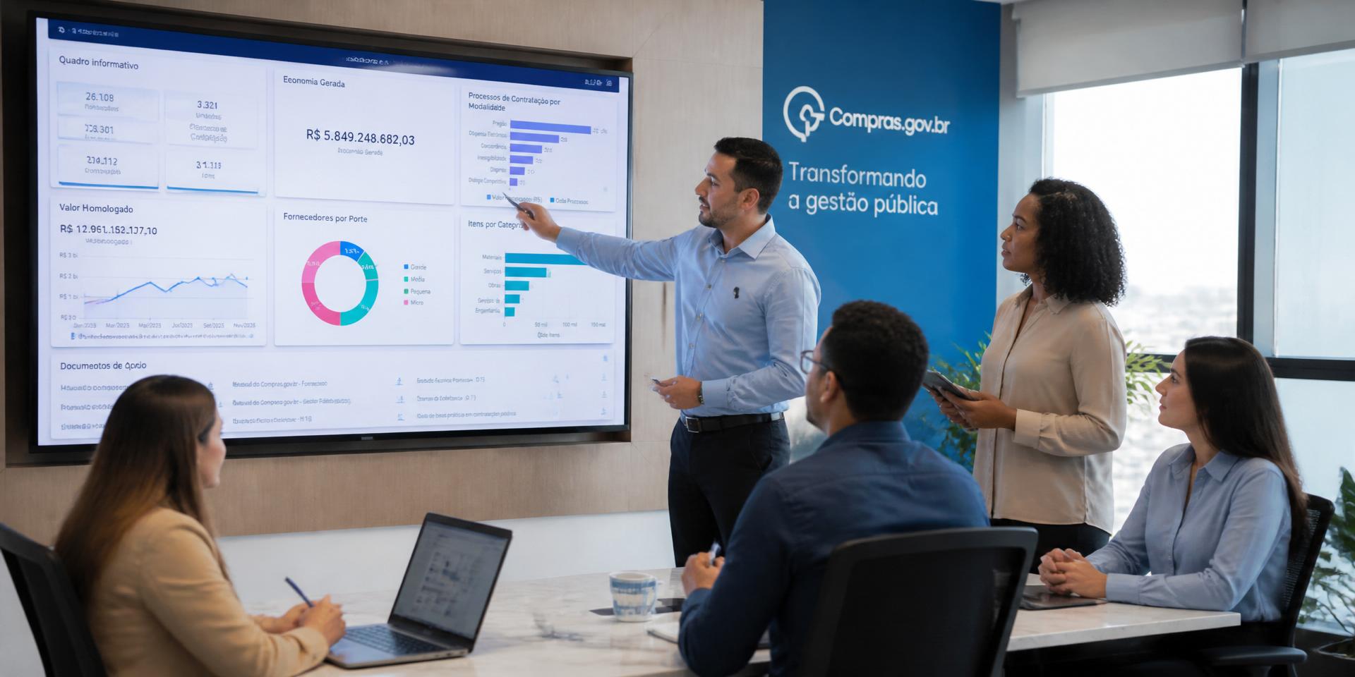 Equipe diversa de servidores públicos reunida em uma sala moderna analisando dashboards, gráficos e atas de registro de preço em telas.